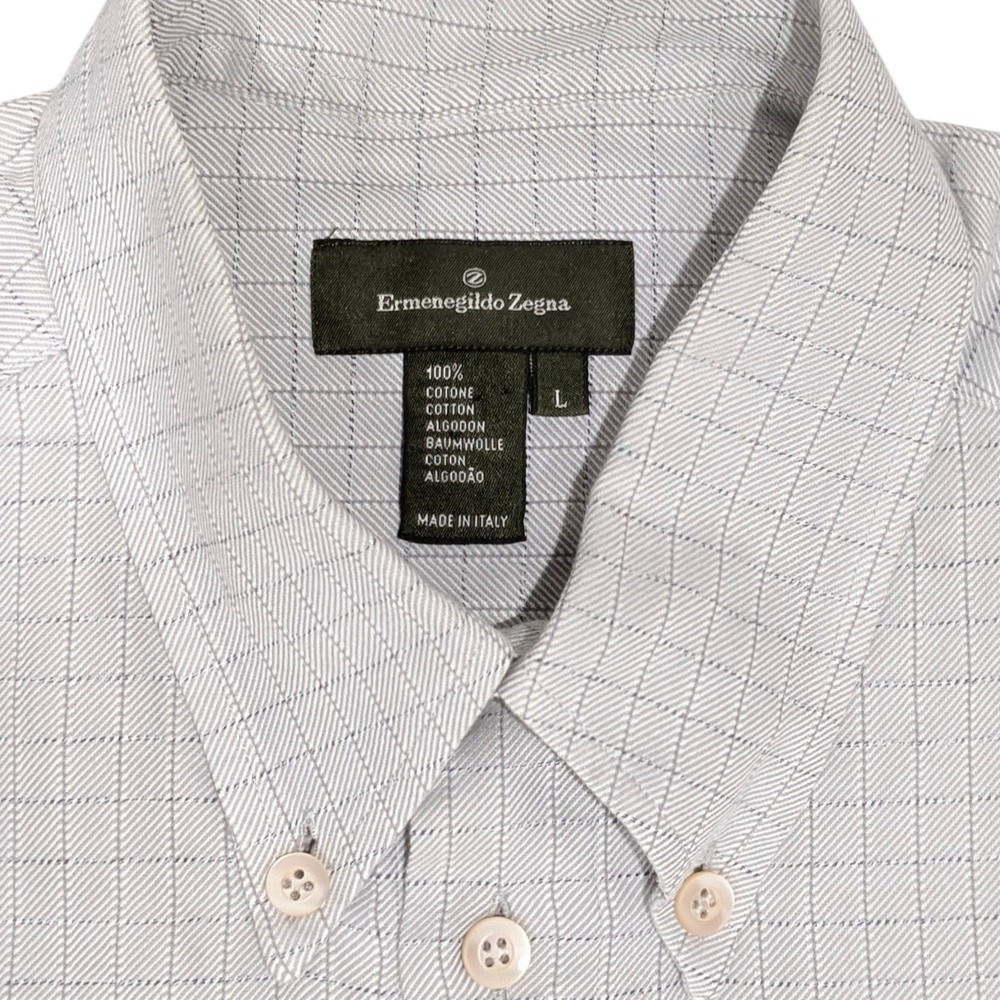 Ermenegildo Zegna Button Down Shirt Made in Italy Grid Pattern Gray‎ Large
